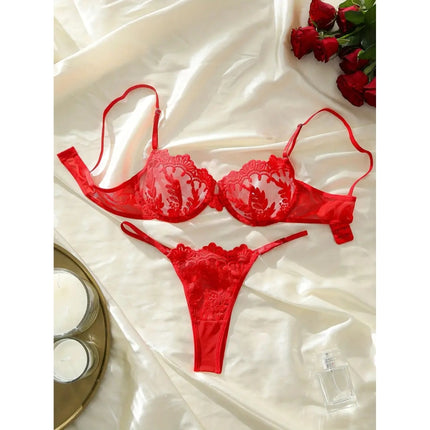 Conjunto Rojo De Encaje Floral 3616