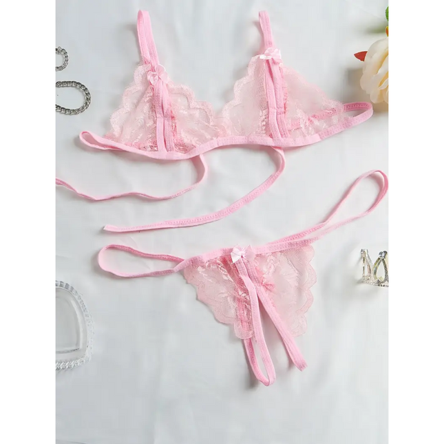 Conjunto Rosa De Encaje Con Abertura 3605