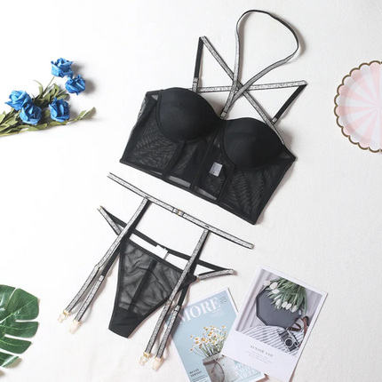 Corset De Malla Con Tiras Brillantes y Ligueros 1026