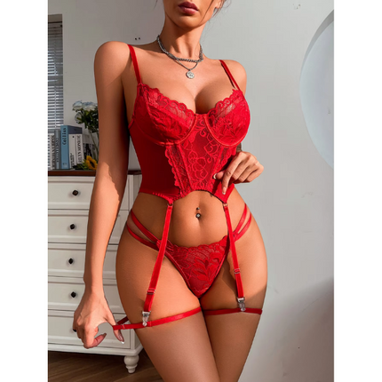 Corset Rojo De Lencería Con Bordado Floral 0444