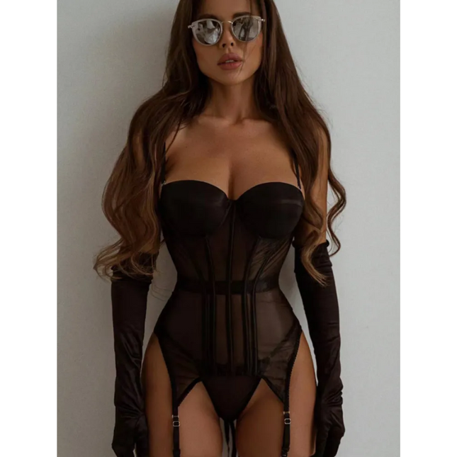 Corset Yimmu Negro En Tela Con Ligueros 3051