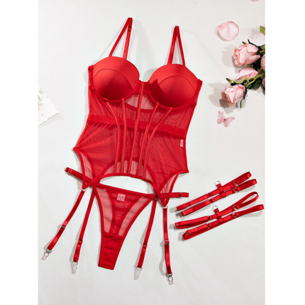 Corset Yimmu Rojo En Tela Con Ligueros 3051