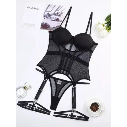 Corset Yimmu Negro En Tela Con Ligueros 3051