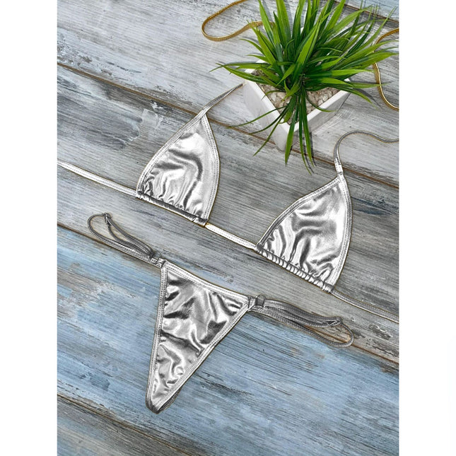 Bikini Dos Piezas Plateado Efecto Cuero 3056