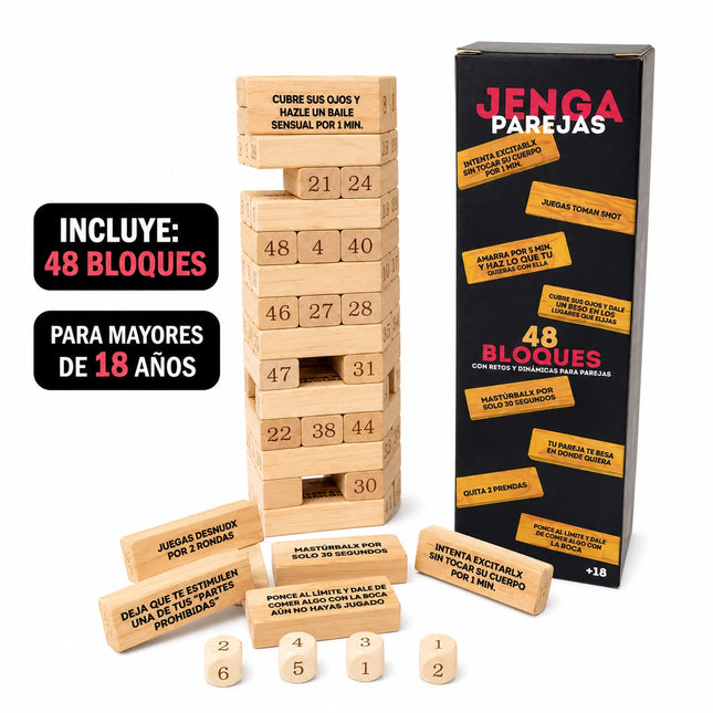 Juego de Mesa Jenga para Parejas con 48 Bloques y 4 Dados